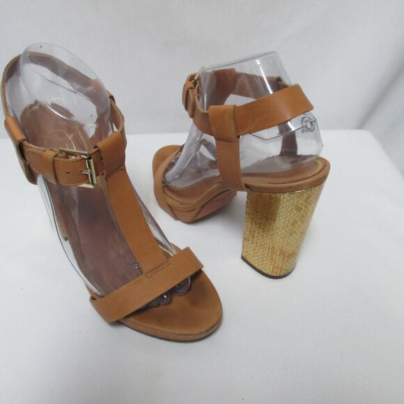 ASH Rachel tan gold buckle platform block heels sandals Size Sz 39 8 - Picture 1 of 11
